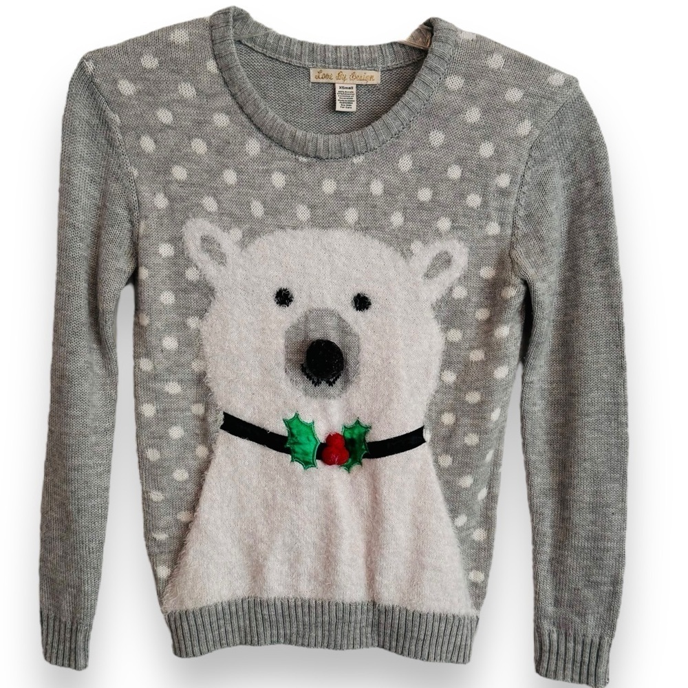 Love By Design Holiday Polar Bear Sweater Quirky Gray White Crew Neck Size XS